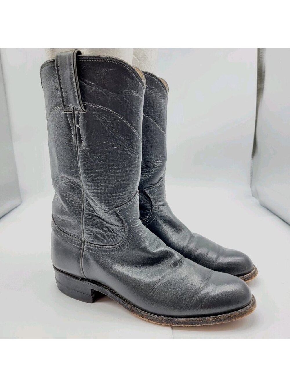 Vintage Justin Boots Women's 5 B USA Made Gray Leather Pull on Rodeo Chore